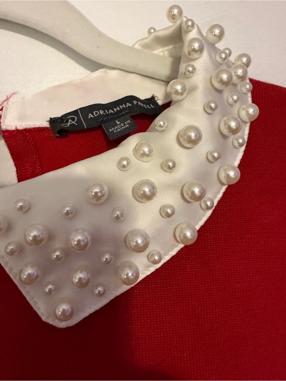 Adrianna Papell Red Knit Top with Pearl-Studded Ivory Collar - Picture 2 of 8
